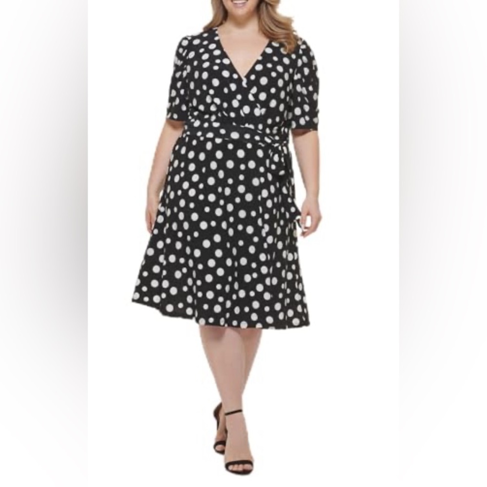 Tommy Hilfiger Women's Sz 14 Black/White Polka Dot Surplice Neck Dress N…